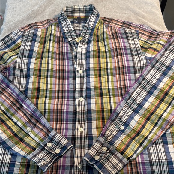 Vince Men’s Cotton Linen Plaid Button Front Shirt Purple Green Size XL READ - Picture 10 of 14